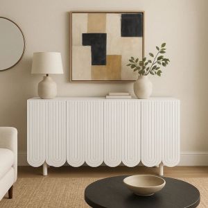 Urban Meuble - Vitrine blanche 4 portes avec motif sculpté 120×37.5×80.8 cm