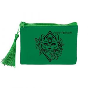 Porte Monnaie et cles Vert Chat Fleur Personnalisable