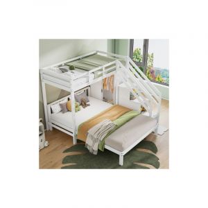 Lit superposé enfant 90 x 200 cm et 140 x 200 cm avec armoire et escalier de rangement, sans matelas, blanc