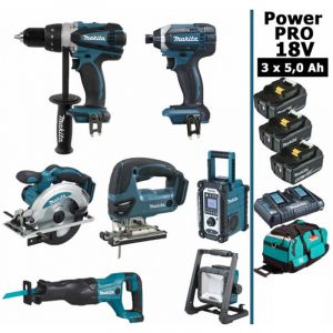 Makita Pack Power pro 7 outils 18V : DDF458 + DTD152 + DJV180 + DSS610 + DJR186 + DMR108 + DEADML805 + 3 batt 5Ah + sac
