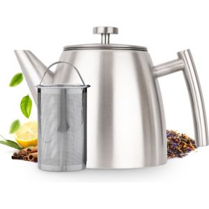 Vaja Théière Camille Silver - Double paroi - 1 litre - Théière en acier inoxydable avec filtre et chauffe-plat