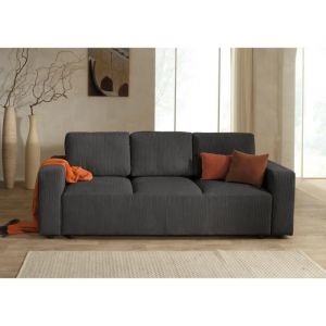 Livy - canapé droit convertible - avec coffre - en velours côtelé - 3 places - gris foncé - Gris foncé