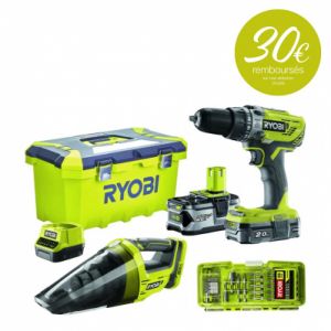 Image de Ryobi Perceuse Visseuse à percussion 18V One+ R18PD31-242VTA55 + Aspirateur + 55 accessoires - Batt. 2 et 4 Ah - Boite a outils