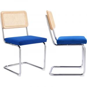 Lot de 2 chaises en cannage, velours c&ocirc;tel&eacute; bleu &eacute;lectrique et m&eacute;tal chrom&eacute; - Muse