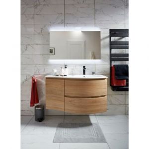 Cooke & Lewis Meuble sous vasque à suspendre Vague décor chêne naturel 104 cm + plan vasque en résine blanc + meuble com