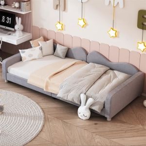 Lit simple d'enfant 90x200cm - lit capitoinné en tissu Teddy avec sommier et dossier et accoudoirs, canapé-lit gris