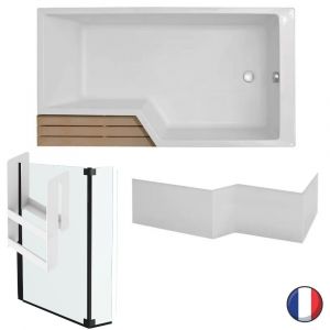Jacob Delafon Baignoire bain douche 150 X 60/80 - version droite Neo acrylique + Pare bain 2 volets Neo black + Etag&egrave;re pour pare bain + Tablier pour Baignoire Neo