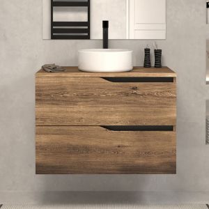 Meuble de salle de bain 60 avec plateau et vasque à poser - sans miroir - 2 tiroirs - tabaco (bois foncé) - LUNA