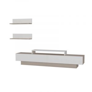 Cotecosy Ensemble meuble tv et 2 étagères murales Juna Chêne clair et Blanc - Blanc / Chêne