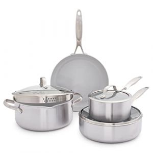 Greenpan Venice Pro Tri-Ply Acier Inoxydable Céramique Saine Antiadhésive Ensemble de Poêles et Casseroles 7 Pièces, Sans PFAS, à Induction, Lavable au Lave-Vaisselle, Va au Four, Argenté