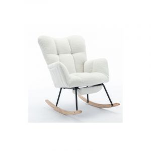 Rocking chair Fauteuil à bascule capitonnrée en tissu teddy tissée avec repose-pieds extensible, charge jusqu'à 110 kg, blanc
