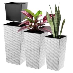 Pot de Fleur Haut, Grande Jardiniere pour Interieure et Exterieure, Bac &agrave; Fleurs Imitant Le Rotin (Blanc, Lot de 3: 57 cm, 68 cm, 75 cm) - Kadax