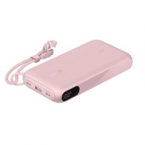 Belkin Batterie Externe USB-C 20 000 mAh, Power Bank avec 2 Ports Type C et 1 Port USB-A (écran numérique, 20 W, pour Tous Les modèles de l'iPhone 16, Samsung Galaxy S25, Pixel 9, iPad, etc., Rose)