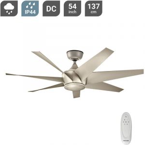 Elstead Kichler - Ventilateur de plafond Lehr ii &Oslash;137cm en satin argent&eacute; antique IP44 pour la zone int&eacute;rieure et ext&eacute;rieure avec t&eacute;l&eacute;commande