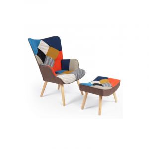 Idmarket Fauteuil scandinave ivar avec repose pieds en tissu patchwork multicouleurs et imprimé pied de poule - Motif