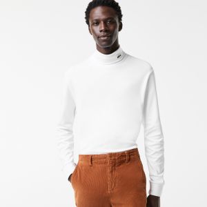 Lacoste T-shirt manches longues homme à col roulé en coton biologique Taille M Blanc