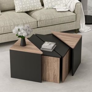 Set de 4 tables basses Frederikshavn carrées gigognes effet chêne / anthracite [en.casa]