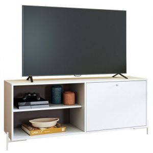 Meuble TV Bar 60 Pouces Blanc 1 Porte 4 Niches Pieds Métal Ronds - L 142 x l 35 x H 56 cm