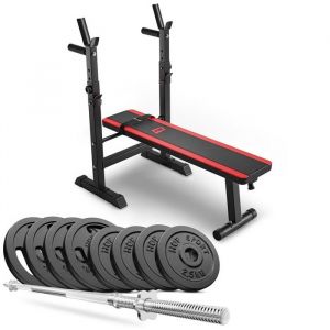 Hop-Sport Banc de Musculation Pliable Plat HS-1080 et Ensemble d&rsquo;halt&egrave;res, Disques de Poids en Fonte de 39 kg, Avec Support Barre Longue R&eacute;glable, Charge Max. 270 kg