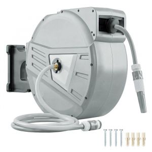 Outsunny D&eacute;vidoir mural enrouleur automatique pivotant 180&deg; tuyau 40 + 2 m avec lance arrosage 2 modes support mural int&eacute;gr&eacute; gris clair