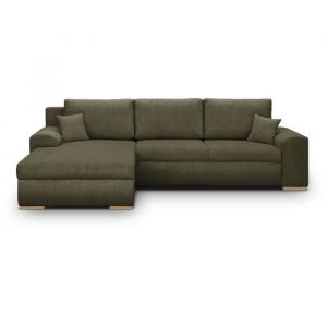 Canapé d'angle convertible - 5 places - INDIAN - Tissu velours côtelé Vert kaki - Coffre de rangement - 289 x 94/188 x 88 cm