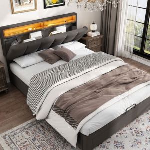 Lit 140x190 - JAERLIUB - Lit Rembourr&eacute; - &Eacute;clairage LED - Rangement - 2 Places