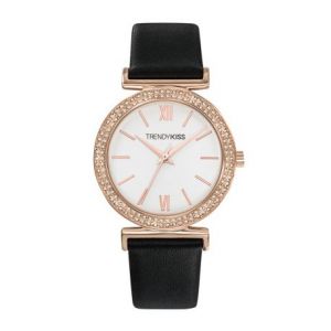 Image de Trendy Kiss : Montre TRG10098-01B - Montre Bracelet Cuir Noir Boîtier Acier Dorée Rose Femme