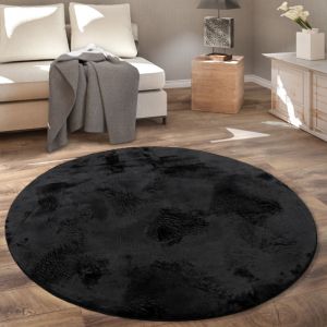 Tapis De Salon, Rond Petit Tapis En Fausse Fourrure, Chambre d'Enfants, Peluche Shaggy Tapis De Lit 160 cm rond, Noir - Paco Home