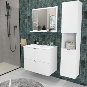 Meuble Sous Vasque Malaga 80 Cm + Vasque + Miroir + Colonne / Blanc/ Neuf