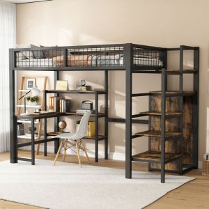 Lit mezzanine avec bureau, lit mezzanine 90x200 cm avec étagères, armoire intégrée, cadre de lit en fer, noir
