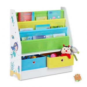 Relaxdays Etagère Enfants, Motif mer, 2 boîtes, 2 Compartiments, Rangement Jouets, bibliothèque 74x71x23, coloré, Panneau de Particules, métal, Tissu, Vierge d'eau, 1 élément