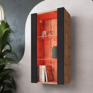 Komodee Vitrine Suspendue Tivoli Vertical 100, Wotan/Noir, LED RGB, Largeur 100cm x Hauteur 50cm x Profondeur 29,5cm, 2 &eacute;tag&egrave;res en verre, pour