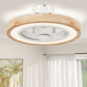 Homcom Ventilateur de plafond - r&eacute;versible - lumi&egrave;re et t&eacute;l&eacute;commande - minuterie, luminosit&eacute; r&eacute;glable - 50 cm - effet bois naturel