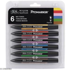 Winsor & Newton Set 6 marqueurs double pointe PROMARKER. A base d'alcool. Tons moyens assortis