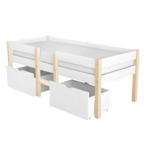 Lit enfant surélevé en bois de pin massif 90x190cm, avec tiroirs et protection, blanc