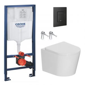 Grohe Pack WC bâti-support Rapid SL + WC suspendu sans bride Ceramia + plaque noire mat (RSLCETORKF0)