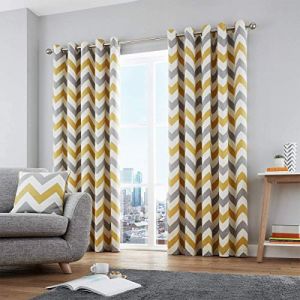 Fusion Rideaux doublés à œillets - coton-imprimé à motif chevrons - ocre jaune - l 168 x L 137 cm