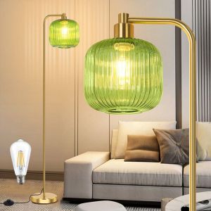 Lampadaire salon avec Abat-jour en verre nervuré vert,ampoule LED,facile à assembler,base stable,interrupteur à pied,Pour chambre