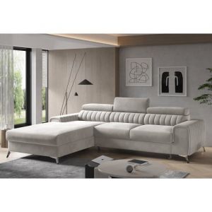 LesTendances Canapé convertible angle gauche velours beige clair Grenky 276 cm