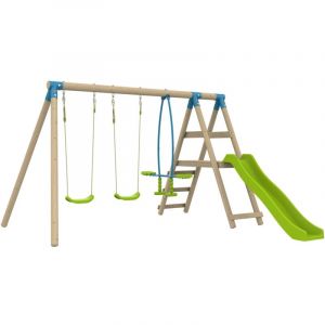 TP Toys Station arrucat 2 balançoires - vis-à-vis - toboggan - kit d'ancrage - bois fsc h190 cm