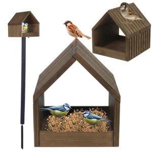 MODO24 Mangeoire oiseaux sur pied bois &eacute;tanche avec toit nichoir cabane jardin/balcon toute saison mont&eacute;e 117x24x22 cm marron