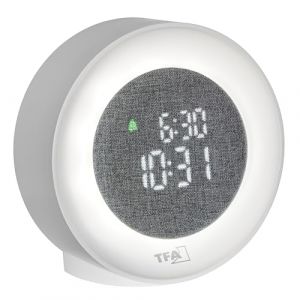TFA Dostmann R&eacute;veil Lumineux num&eacute;rique avec Chiffres LED, 60.2047, veilleuse et lumi&egrave;re de r&eacute;veil, avec Affichage de la Date, rev&ecirc;tement en Tissu, Alimentation Secteur, Alarme avec Snooze, Blanc