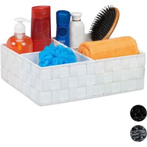Relaxdays Corbeille de rangement avec 4 compartiments, stockage de cosmétique, salle de bain, 10 x 32 x 27 cm, blanc