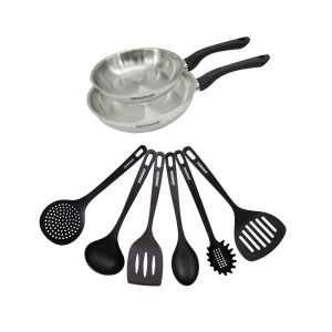 Fackelmann 9442250 Set 2 poêles 20 et 24 cm en inox 18/8 et 6 ustensiles RPET, Poêle de cuisson, Poêle tous feux, Poêle induction, Poêle sans PFAS, Acier inoxydable 18/8, RPET, 20 et 24 cm