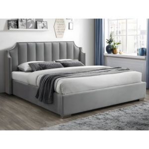 Lit coffre 140 x 190 cm avec t&ecirc;te de lit incurv&eacute;e - Velours - Gris clair + Matelas - TEOMIS