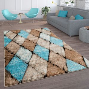 Tapis Salon Vintage Poils Ras Marocain Diamant Turquoise Brun 160x220 cm, Beige 2 - Paco Home