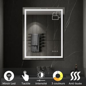 CIMEO Miroir lumineux LED 80 x 100 cm anti-buée + intensité 2100 lms & couleur réglables salle de bain - SANIVERRE