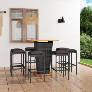 VidaXL Ensemble de bar de jardin 9 pcs et coussins R&eacute;sine tress&eacute;e Gris Gris