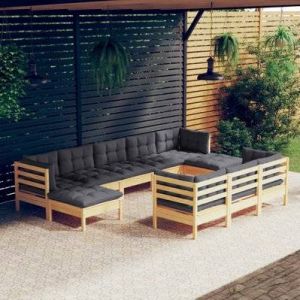VidaXL Salon de jardin 10 pcs avec coussins gris bois de pin massif