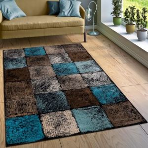 Paco Home - Créateur Tapis Salon Original Combinaison De Couleurs Carreaux Turquoise Brun Crème 80x150 cm